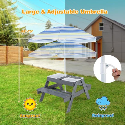 Costzon Kids Picnic Table with Sensory Bins, 4 in 1 Sand and Water Table with Height Adjustable Umbrella, Removable Tabletop, Wooden Kids Outdoor Table for Backyard Patio Play