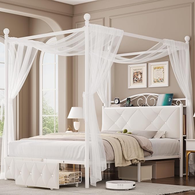 Queen Upholstered Canopy Bed Frame with 2 Drawers & Crystal Tufted Storage Headboard Metal Platform Bed with Charging Station & 4 Removable Posts No Box Spring Needed Curtain Not Included, Beige