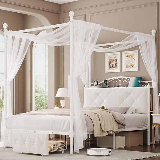 Queen Upholstered Canopy Bed Frame with 2 Drawers & Crystal Tufted Storage Headboard Metal Platform Bed with Charging Station & 4 Removable Posts No Box Spring Needed Curtain Not Included, Beige