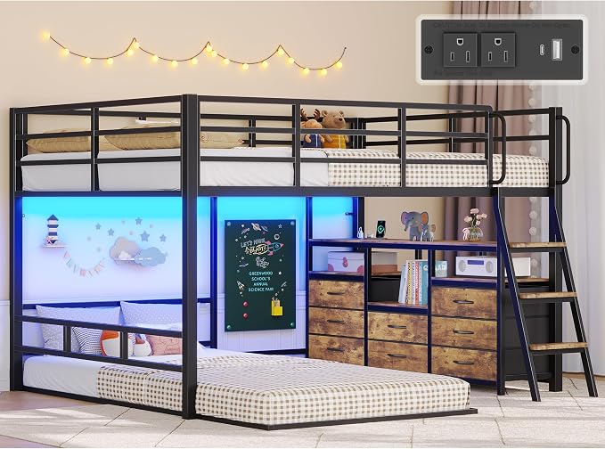 busyaeh Bunk Bed Full Over Twin,Low Bunk Bed with 8 Drawers & 4 Shelves & 15" H Safety Guardrail,bunk Bed with Desk & LED Lights and Charging Station,L-Shaped Bunk Beds with Stairs,Vintage Brown