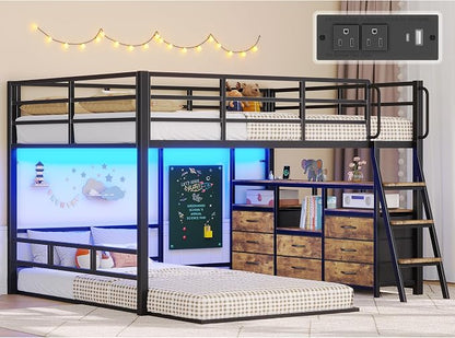 busyaeh Bunk Bed Full Over Twin,Low Bunk Bed with 8 Drawers & 4 Shelves & 15" H Safety Guardrail,bunk Bed with Desk & LED Lights and Charging Station,L-Shaped Bunk Beds with Stairs,Vintage Brown