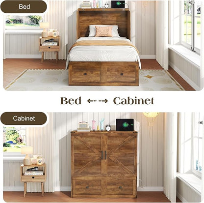LUXOAK Twin Murphy Bed with 6" White Tri-Fold Memory Foam Mattress, Storage Drawer & Charging Station, Space-Saving Design for Home Office or Guest Room, Barnwood