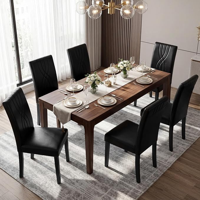 LSSBOUGHT Modern Dining Chair Set of 2,Urban Style Leather Kicthen Chairs with Solid Wood Legs for Dining Room and Restaurant (Black-Quilted backrest)
