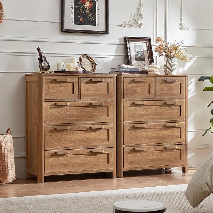 Joaxswe Farmhouse 5 Drawer Dresser for Bedroom, Vertical Dressers Chest of Drawers with 5 Deep Drawers & 4 Thickened Table Legs & Rounded Corners, Brown