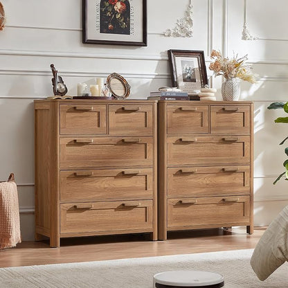 Joaxswe Farmhouse 5 Drawer Dresser for Bedroom, Vertical Dressers Chest of Drawers with 5 Deep Drawers & 4 Thickened Table Legs & Rounded Corners, Brown