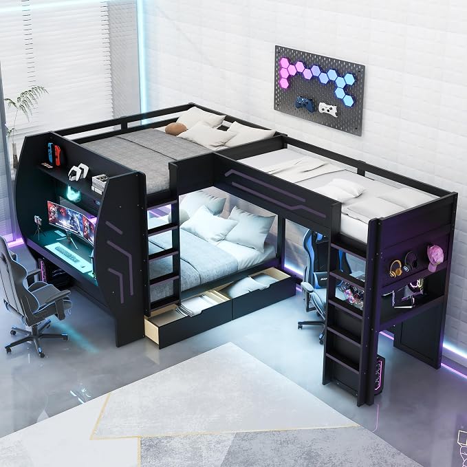 Twin&Full Over Full Triple Bunk Bed with Desk and Storage Drawers & LED,Charging Station,Solid Wood L-Shaped 3 Gaming Bunk Bed with Ladder,Guardrail,No Box Spring Needed (Black,Twin & Full Over Full)