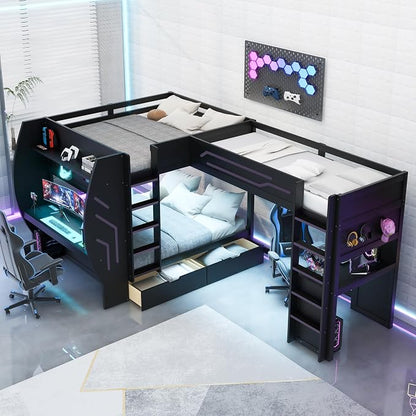 Twin&Full Over Full Triple Bunk Bed with Desk and Storage Drawers & LED,Charging Station,Solid Wood L-Shaped 3 Gaming Bunk Bed with Ladder,Guardrail,No Box Spring Needed (Black,Twin & Full Over Full)