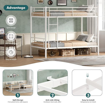 Bunk Bed Twin Over Twin, Metal Bunk Bed with Front Ladder and Safety Guardrail, Space-Saving Twin Bunk Beds for Kids, Teens & Adults, No Box Spring (Front Laddder, White)
