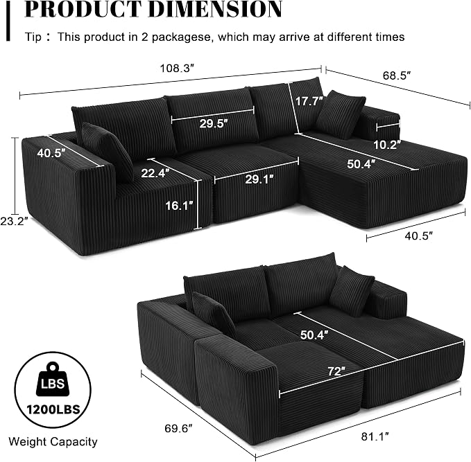 108” Modular Sectional Sofa, Cloud Sectional Couch with Deep Seat, Modern Modular L-Shape Sofa Couch with Chaise,Upholstered Boneless Couches for Living Room Bedroom (Black, Right Facing Chaise)