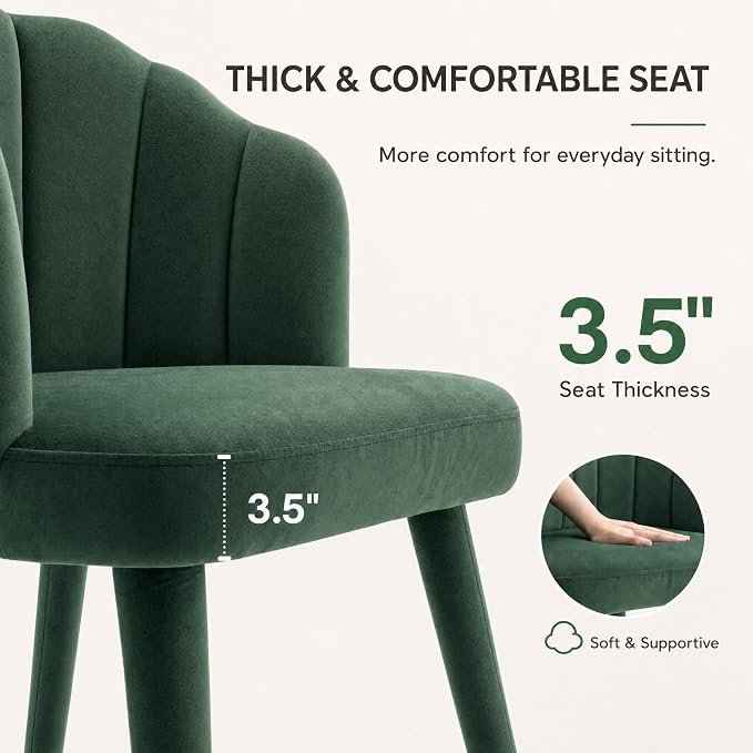 Hyfirm Velvet Dining Chairs Set of 4, Upholstered Modern Kitchen Dining Chairs with Petal Back & Fabric Covered Wooden Legs, Comfy Accent Armchairs for Bedroom/Kitchen/Vanity, Green