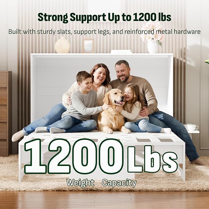 Softa Murphy Bed Full with Drawer, 1200Lb Support, Fold-Down Side Table & Charging Station, Mattress Storage Space, No Box Spring Needed, Space Saving Murphy Bed Cabinet for Guest Room & Home Office
