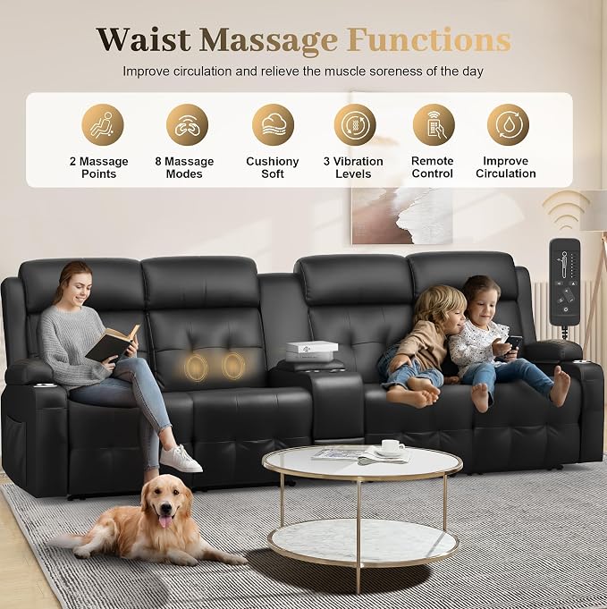 Recliner Sofa, Massage Reclining Sofa 4 Seater Sets Heavy Weight Capacity, RV Loveseat Couch Clearance with Console, USB, Type C Port, Storage, Cup Holders, Wall Hugger Chair for Living Room