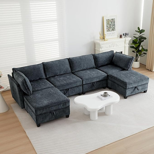 ORRD Oversize Modular Sectional Sofa Set, Convertible U Shaped Couch with Storage, 6 Seater Sofa Modular with Ottomans and Reversible Chaise for Living Room, Office (Blue Grey)