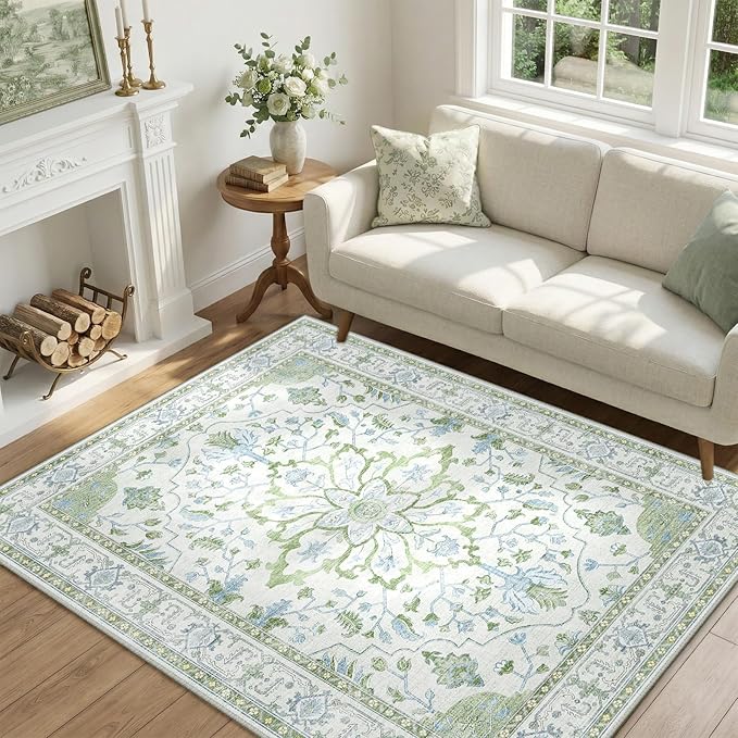 RELEANY Area Rugs 4'x6' Washable Non-Slip, Floral Vintage Distress Medallion Carpet for Living Room Bedroom Dining Room, Green White Blue