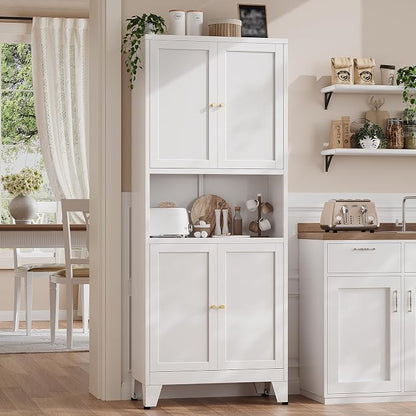 69" H Kitchen Hutch Cabinet with Storage,White Metal Storage Cabinet,Microwave Cabinet,Kitchen Pantry Cabinet with Countertop