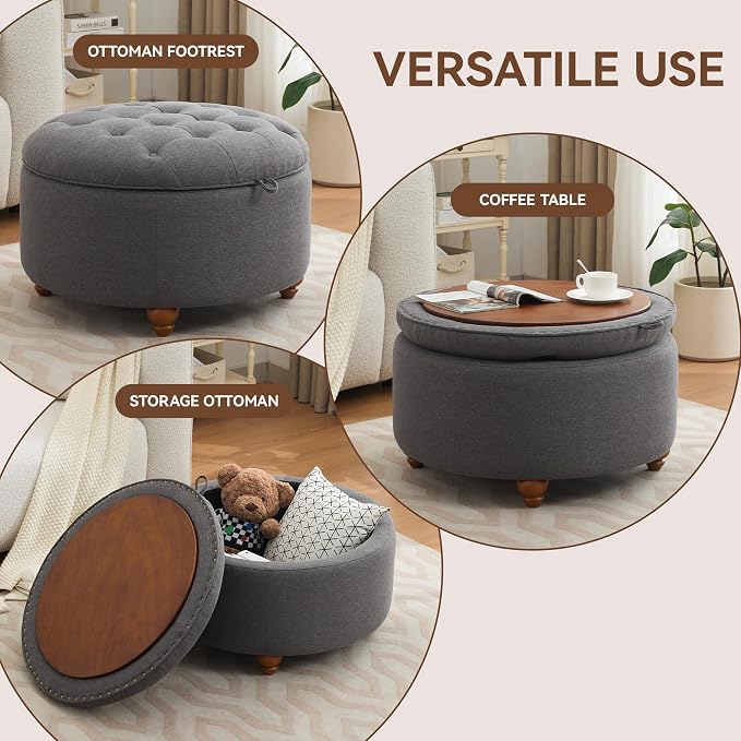 WUTUTUEE 30Inch Round Storage Ottoman with Tray, Modern Tufted Fabric Circle Coffee Table with Storage, Upholstered Ottoman with Removable Top for Living Room, Bedroom, Dark Grey