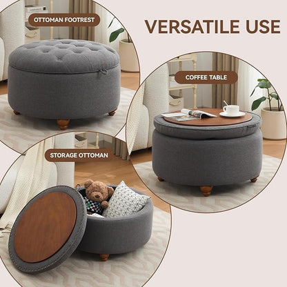 WUTUTUEE 30Inch Round Storage Ottoman with Tray, Modern Tufted Fabric Circle Coffee Table with Storage, Upholstered Ottoman with Removable Top for Living Room, Bedroom, Dark Grey