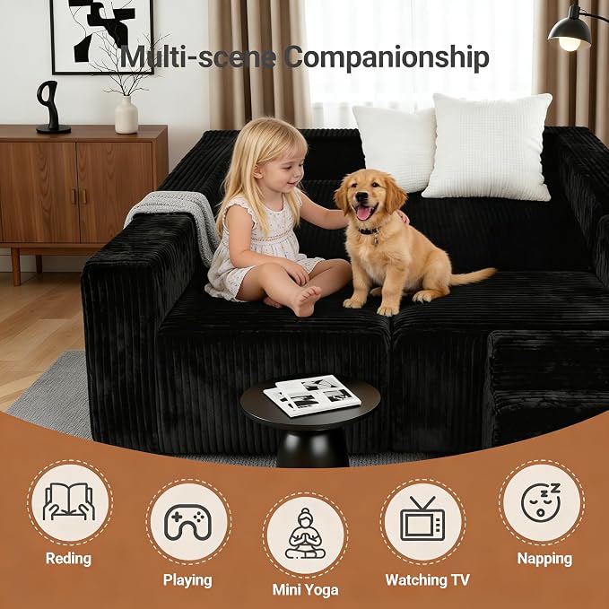 128" U-Shaped Modular Sofa, Modern Cloud Couch with Double Chaise, Sectional Boneless Couches for Living Room Bedroom, No Assembly Required, Black