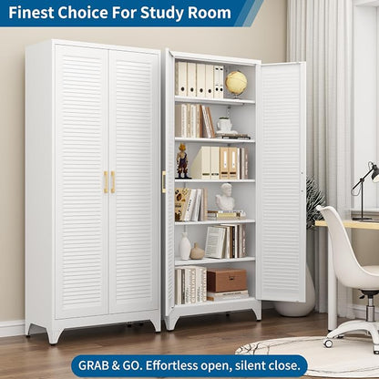 75" Metal Storage Cabinet with 5 Adjustable Shelves, White & Gold Tall Pantry Cabinet with Doors, 180 lbs Load Per Shelf, Heavy Duty Steel Organizer for Kitchen, Nursery,Garage