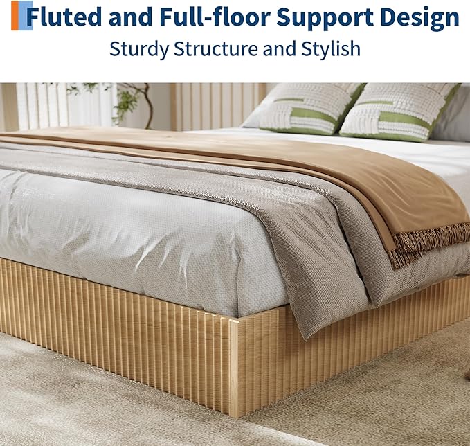 Garvee Full Bed Frame, Wood Platform Bed with Fluted Design, Low Profile BedFrame, Minimalist Bed Base with Noise-Free, Easy Assembly, No Box Spring Needed, Natural