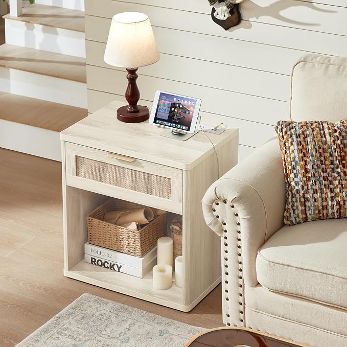 LEYAOYAO Rattan Nightstand with Charging Station, Grey White Night Stand with Drawer, 23" Wide Boho Bedside Table with Storage Shelf, Bed Side End Tables for Bedroom, Living Room, Hallway