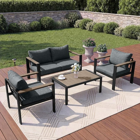 Patio Furniture Set 4 Seats and Coffee Table, Patio Conversation Set with Washable Thick Cushions, Deluxe Aluminum Modern Outside Sectional for Porch, Balcony, Deck, Yard, Light Gray