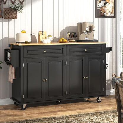 Hlivelood 63" Movable Kitchen Island with Drop Leaf and Power Outlet, Rolling Island Cart w/Storage Cabinet, Island Table on Wheels for Kitchen w/2 Drawers, Spice Rack, Towel Bar, Garage Hook, Black