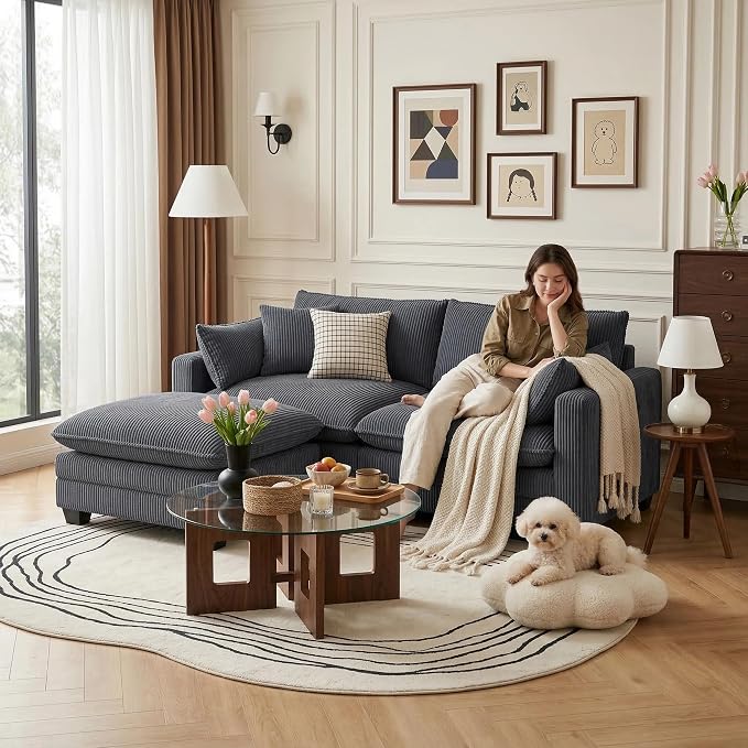 Gizoon 75'' Loveseat with Ottoman for Small Space L Shaped Cloud Coucher with Deep Seats, 2 Seater Love Seat Sofa with Washable Corduroy Cover for Living Room Bedroom, Gray