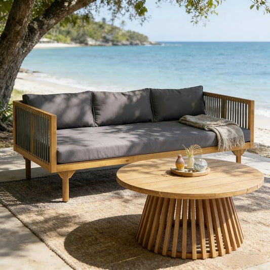 Merax Outdoor Acacia Wood Conversation Set - Patio 3-Seat Loveseat Sofa w/Coushion and Round Coffee Table for Backyard, Lawn, Balcony, Water Repellent, 600 lbs Sofa Capacity, Teak + Gray