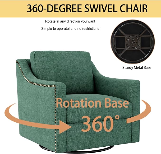 Swivel Accent Chair，Armchair，Bronze Nail Decoration Comfy Living Room Chair,Single Sofa Chair，Reading Chairs,for Living Room Bedroom Reading Apartment (Green, 1 Green)