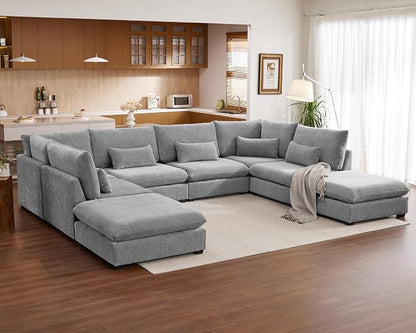 154" Oversized Chenille Couch Modular Sectional Sofa, Washable Cloud Couch Sectional with 4 Ottoman, 8 Seater Sectional Couches for Living Room, Fully Cover Removable, Sleeper Sofa, Chenille, Grey