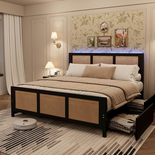 Garvee Rattan Full Bed Frame with 4 Storage Drawers, Boho Cane Bed Frame with LED Headboard (7 Colors), Strong Metal Slats Support, Noise Free, No Box Spring Needed, Easy Assembly, Black