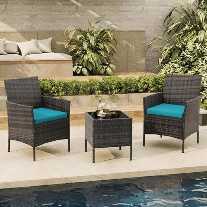 3-Piece Outdoor Furniture Set, PE Rattan Wicker Chairs with Soft Cushions & Tempered Glass Coffee Table - All-Weather Patio Set for Garden, Backyard, Porch, Poolside (Brown/Peacock Blue)