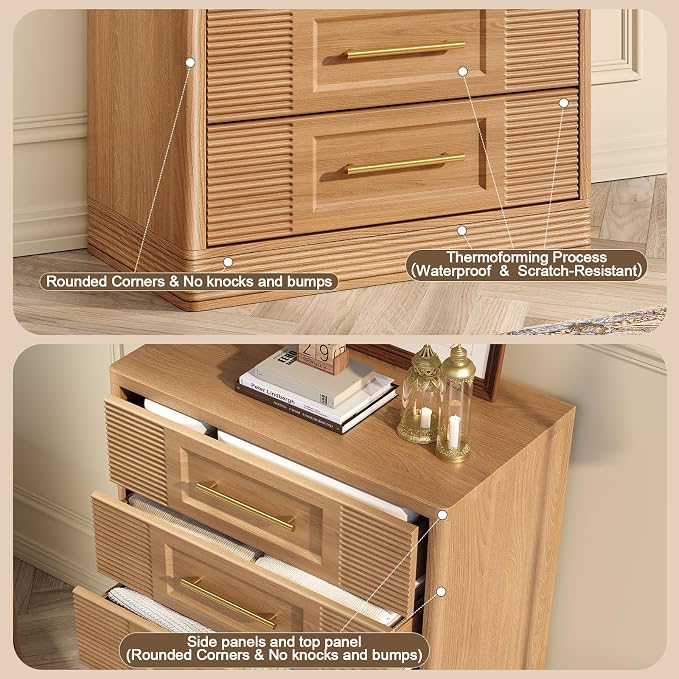 RECHHX Farmhouse 5 Drawers Dresser for Bedroom, 44" Tall Modern Chest of Drawers, Wooden Thermoformed Curved Dresser Organizer for Bedroom, Living Room, Natural Oak
