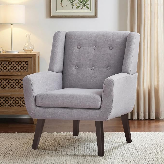 HUIMO Accent Chair Living Room Chair, Upholstered Button Tufted Armchair, Linen Fabric Sofa Chairs for Bedroom, Living Room, Mid Century Modern Comfy Reading Chair (Light Grey)