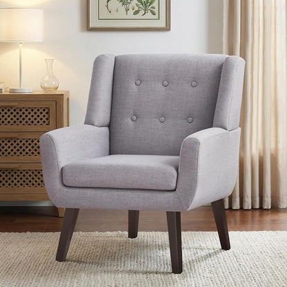 HUIMO Accent Chair Living Room Chair, Upholstered Button Tufted Armchair, Linen Fabric Sofa Chairs for Bedroom, Living Room, Mid Century Modern Comfy Reading Chair (Light Grey)