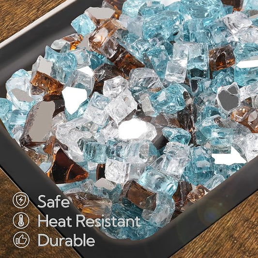 GASPRO 10 lbs Fire Glass for Propane Fire Pit, 1/2-Inch Reflective Fireplace Glass Rocks for Fire Pit Table, Light Blue Copper White