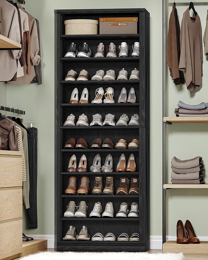 Hzuaneri Shoe Storage Cabinet, 10 Tiers Freestanding Shoe Cabinets, Wooden Shoes Rack with Cubby, 27-30 Pairs, Farmhouse Tall Shoes Cubby Organizer for Entryway, Living Room, Black SR52604X