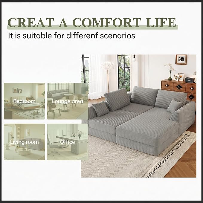 106" Modular Sectional Sofa with Deep Seat, L-Shaped Corduroy Couch with Reversible Chaise, 3-Piece Set for Living Room Bedroom Apartment, No Assembly Required | Modular Design