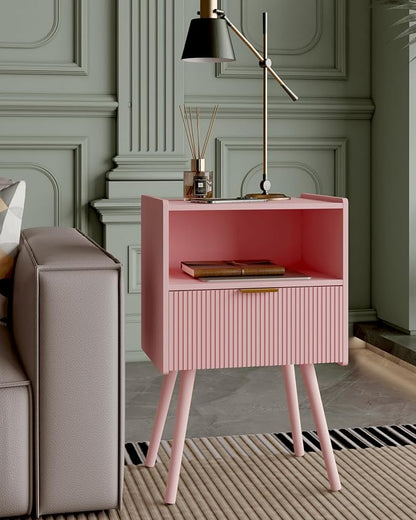 Veegle Nightstand,Modern Bedside Table with Storage Drawer and Open Wood Shelf, Accent Night Stand with Solid Wood Legs for Living Room, Bedroom and Small Spaces,Easy Assembly (Pink)
