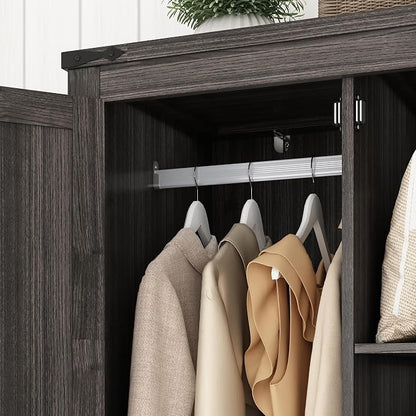 Hlivelood 2 Doors Wardrobe Armoire Closet with Doors and Drawers, Farmhouse Wooden Armoire Storage Cabinet with Shelves & Hanging Rod for Bedroom, Grey
