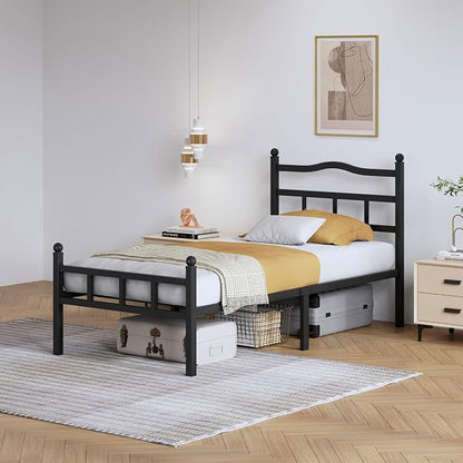 SHOANED 14 Inch Metal Bed Frame - Twin Size Heavy Duty Bedframe with Headboard & Footboard Black Basic Steel Slats Platform No Box Spring Needed/Easy Assembly/Noise Free