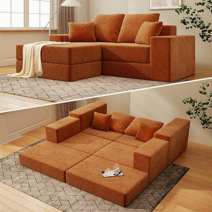 Cloud Modular Sectional Sofa, Comfy Boneless Couch for Living Room, Modern L-Shaped Couch with Reversible Chaise, Customizable Sleeper Sofa with Non Slip, No Assembly & Deep Seat, Orange