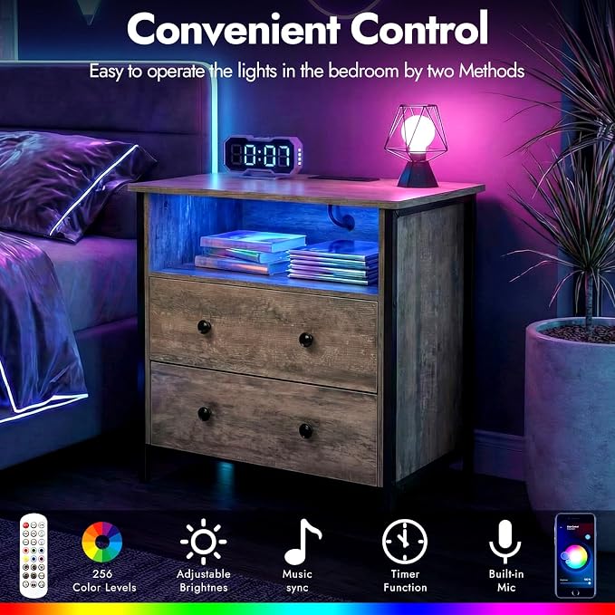 27 Inch LED Nightstand with Charging Station, 2 Drawers, Gray | Solid Wood and Steel Frame, 2 AC Outlets, 2 USB Ports, RGB App Control, Open Storage, Adjustable Feet, for Bedroom or Office