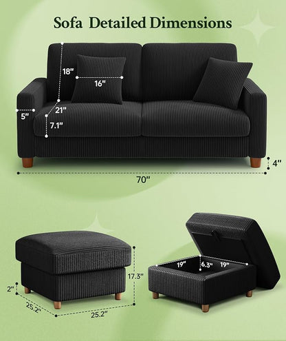 Welzona 70.2" Couches for living room, Comfy U Shaped Couch Black 7.1" Thicker Cushion, Sofas for Living Room Tool-Free Setup, Loveseat with Ottoman 7058lbs Support, Corduroy Couch for Bedroom, Office