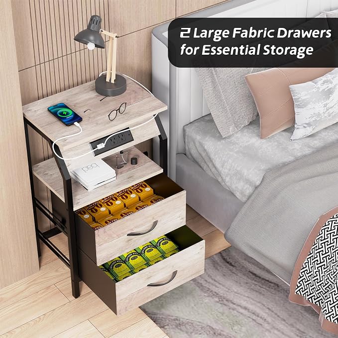 SZLHANJZ Storage End Table, Charging Nightstand with 2 Drawers, Small Fabric Night Stand for Bedside, Wood and Metal Side Table for Living Room, Dorm, Grey Oak