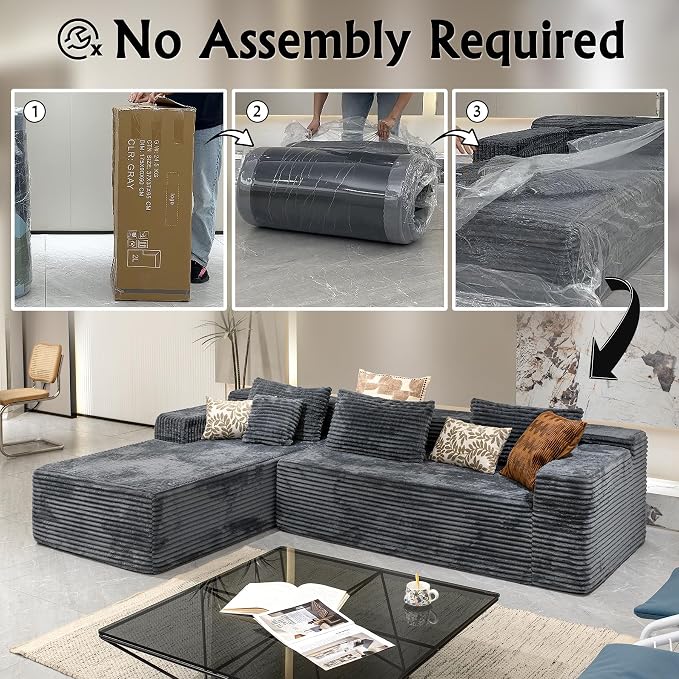 Sectional couches for Living Room Corduroy Couch, 104" Cloud Sectional Couch with L-Shape Chaise, Modern Modular Sofa, Deep Seat Comfort, No Assembly Required(Plush Corduroy, Left Facing Chaise)