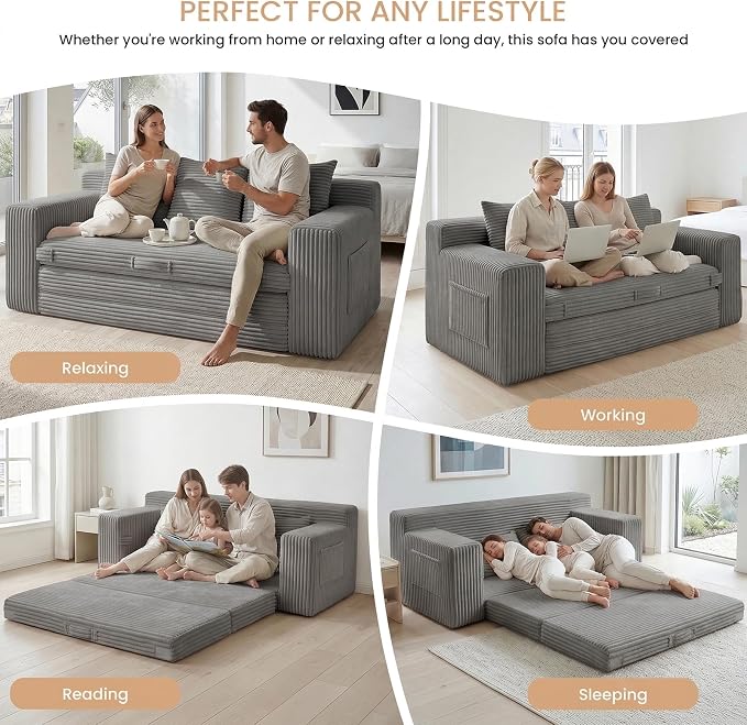 Boneless Couch Sofa Bed, 70'' Convertible Tri-Folding Futon Sleeper with Handle & Side Pockets, Pull Out Couch Bed with Hook and Loop No Assembly for Small Space,Living Room & Bedroom