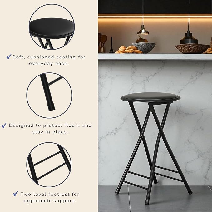 Lavish Home Folding Stool - Backless 24-Inch Stool with 225lb Capacity for Kitchen or Rec Room - Portable Indoor Counter Bar Stools (Black)