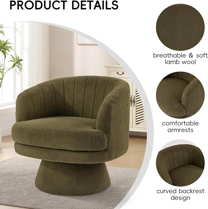 CANMOV Swivel Accent Chair with Armrest, Modern 360 Degree Swivel Barrel Chair with Curve Back and Soft Cushion,Comfy Round Sherpa Teddy Armchair Single Sofa for Living Room,Bedroom, Green